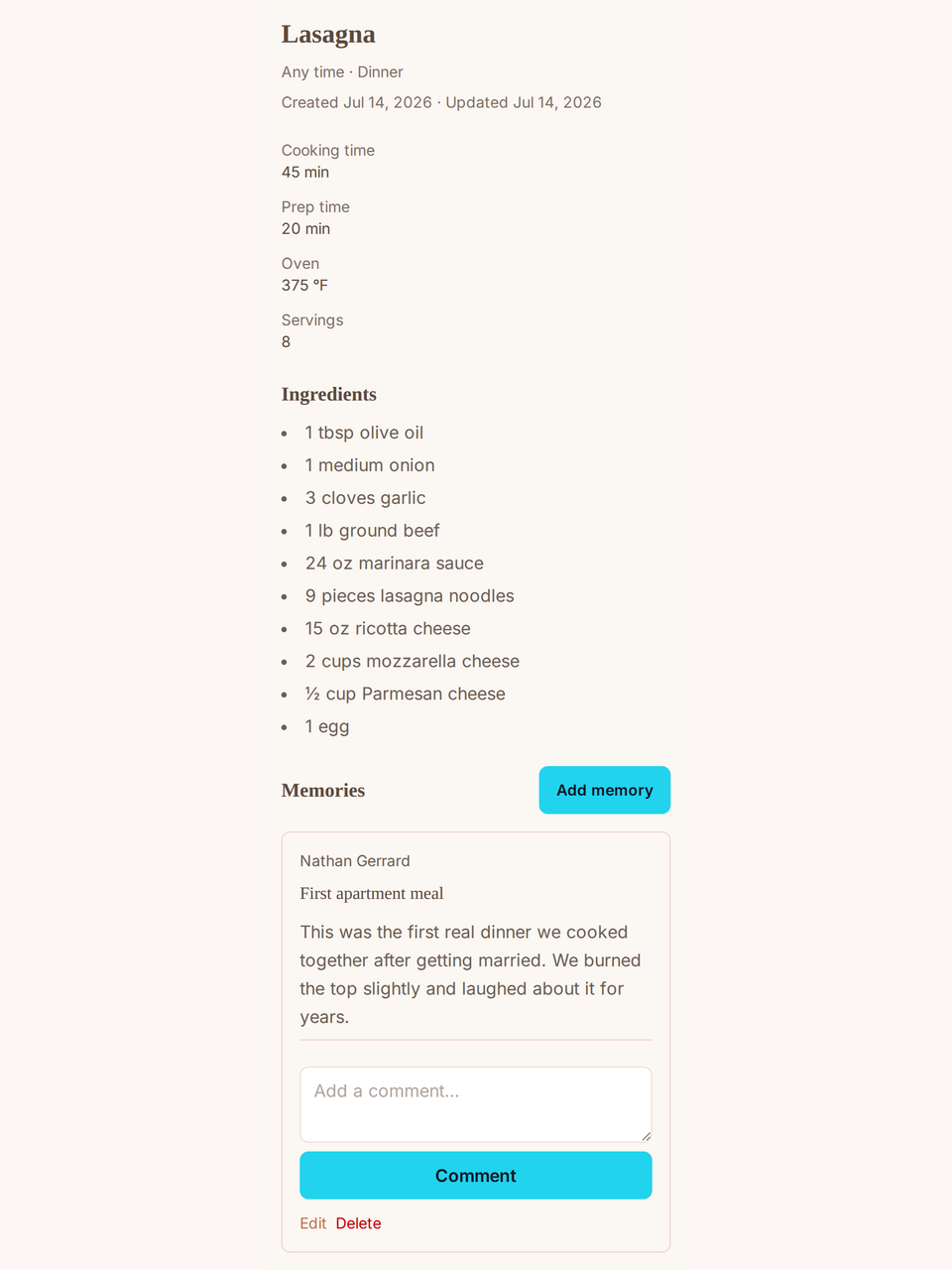 Screenshot of a family recipe with ingredients, method, and memories in Recipe & Memory Book